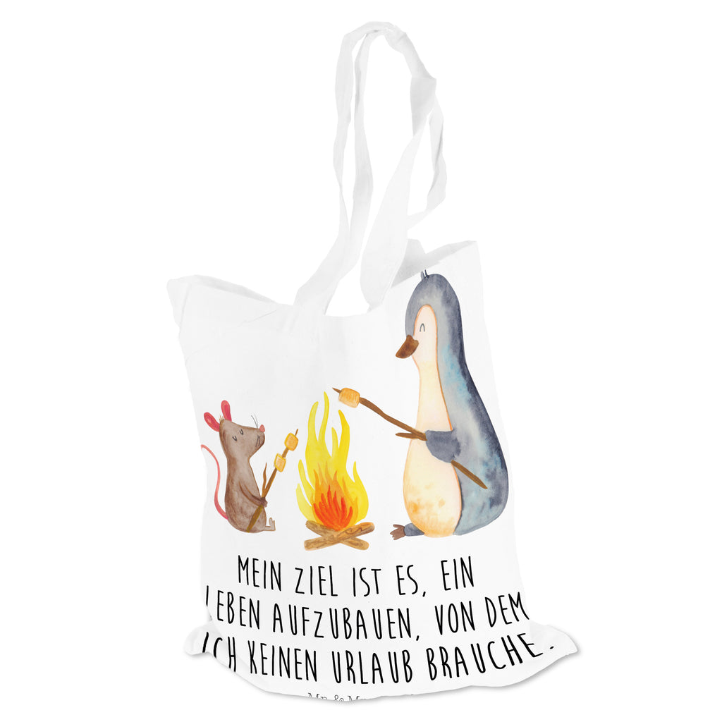 Tragetasche Pinguin Lagerfeuer Beuteltasche, Beutel, Einkaufstasche, Jutebeutel, Stoffbeutel, Pinguin, Maus, Pinguine, Lagerfeuer, Leben, Arbeit, Job, Motivation, Büro, Büroalltag, Lebensspruch, Lebensmotivation, Neustart, Liebe, grillen, Feuer, Marshmallows