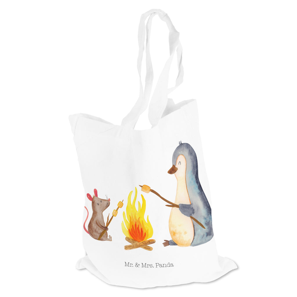 Tragetasche Pinguin Lagerfeuer Beuteltasche, Beutel, Einkaufstasche, Jutebeutel, Stoffbeutel, Pinguin, Maus, Pinguine, Lagerfeuer, Leben, Arbeit, Job, Motivation, Büro, Büroalltag, Lebensspruch, Lebensmotivation, Neustart, Liebe, grillen, Feuer, Marshmallows