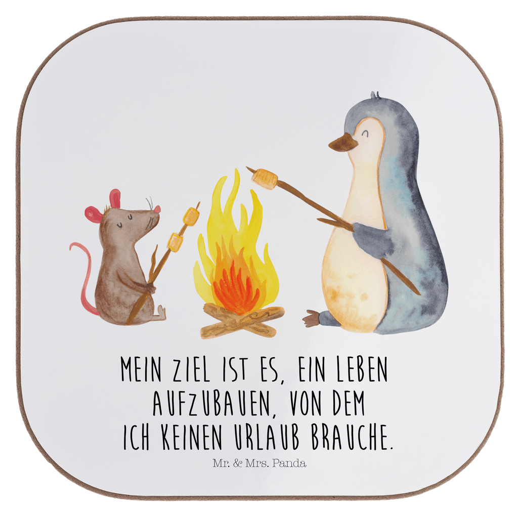 Quadratische Untersetzer Pinguin Lagerfeuer Bierdeckel, Glasuntersetzer, Untersetzer Gläser, Getränkeuntersetzer, Pinguin, Maus, Pinguine, Lagerfeuer, Leben, Arbeit, Job, Motivation, Büro, Büroalltag, Lebensspruch, Lebensmotivation, Neustart, Liebe, grillen, Feuer, Marshmallows