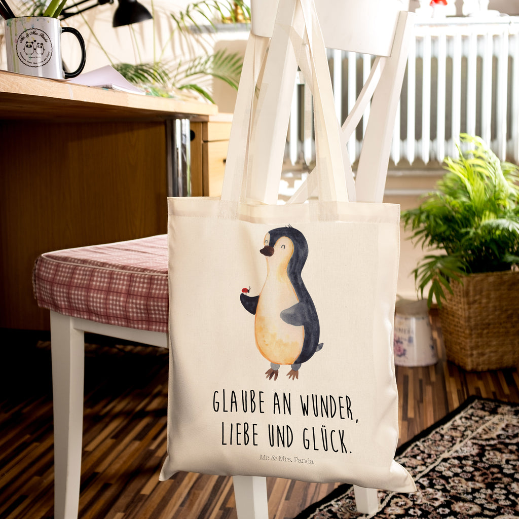 Tragetasche Pinguin Marienkäfer Beuteltasche, Beutel, Einkaufstasche, Jutebeutel, Stoffbeutel, Pinguin, Pinguine, Marienkäfer, Liebe, Wunder, Glück, Freude, Lebensfreude