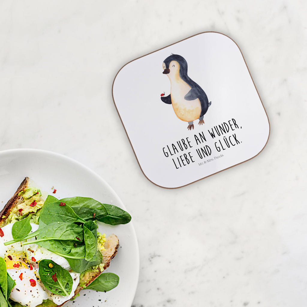 Quadratische Untersetzer Pinguin Marienkäfer Bierdeckel, Glasuntersetzer, Untersetzer Gläser, Getränkeuntersetzer, Pinguin, Pinguine, Marienkäfer, Liebe, Wunder, Glück, Freude, Lebensfreude