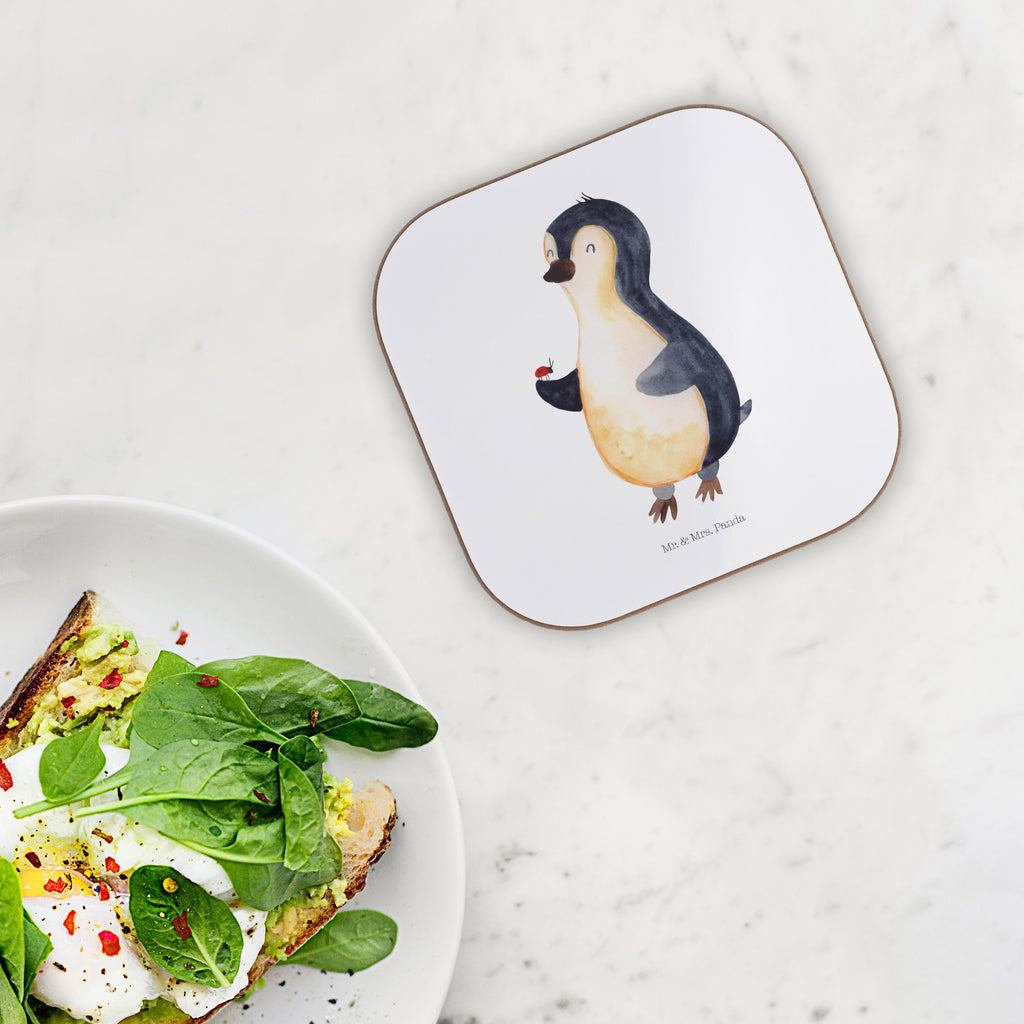 Quadratische Untersetzer Pinguin Marienkäfer Bierdeckel, Glasuntersetzer, Untersetzer Gläser, Getränkeuntersetzer, Pinguin, Pinguine, Marienkäfer, Liebe, Wunder, Glück, Freude, Lebensfreude