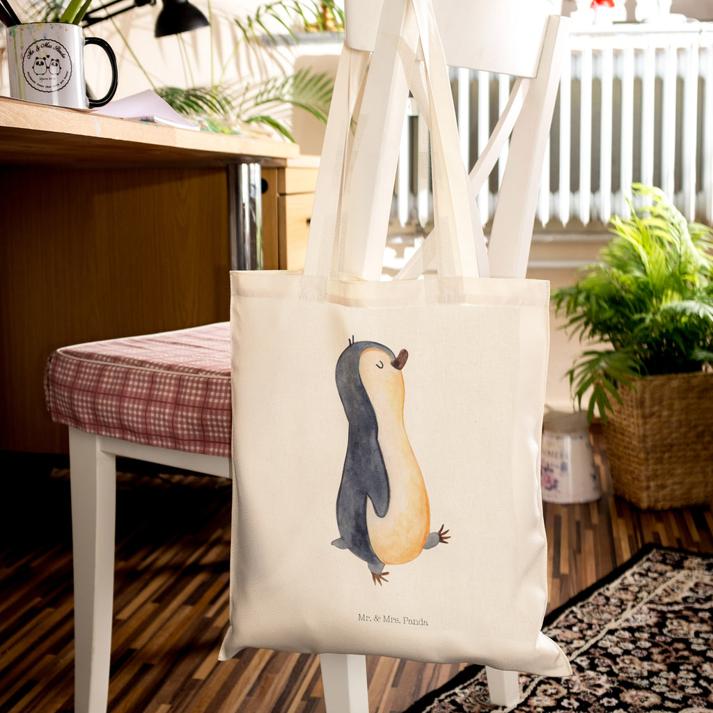 Tragetasche Pinguin marschierend Beuteltasche, Beutel, Einkaufstasche, Jutebeutel, Stoffbeutel, Pinguin, Pinguine, Frühaufsteher, Langschläfer, Bruder, Schwester, Familie