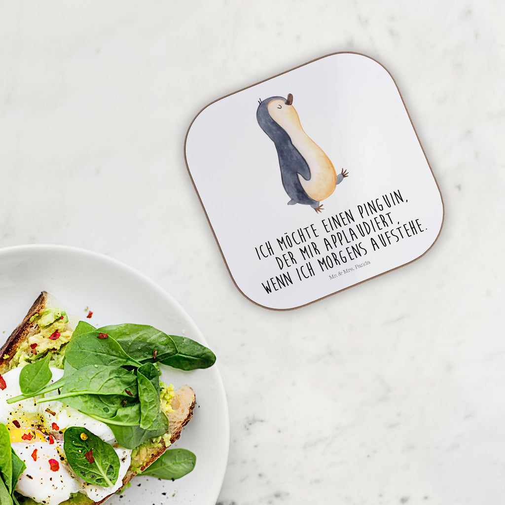 Quadratische Untersetzer Pinguin marschierend Bierdeckel, Glasuntersetzer, Untersetzer Gläser, Getränkeuntersetzer, Pinguin, Pinguine, Frühaufsteher, Langschläfer, Bruder, Schwester, Familie