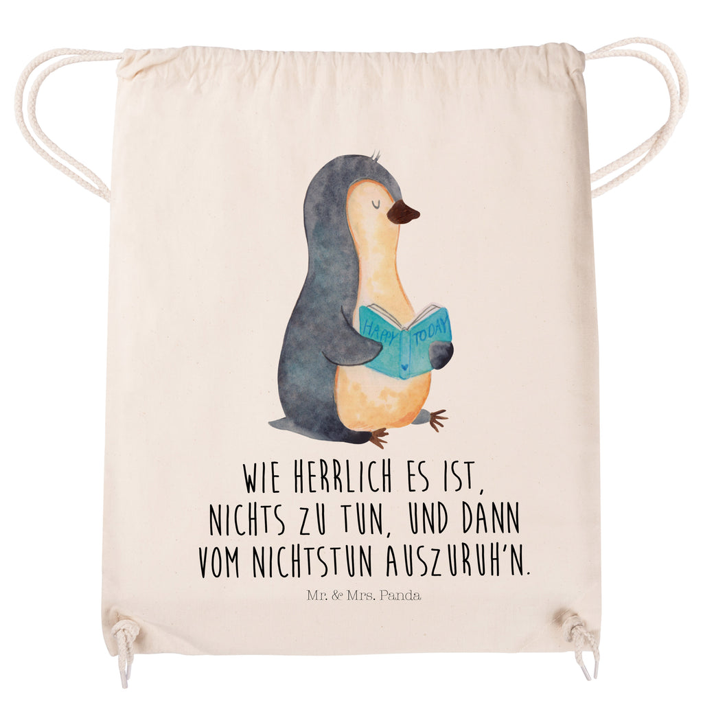 Sportbeutel Pinguin Buch Turnbeutel, Beutel, Sporttasche, Tasche, Stoffbeutel, Pinguin, Pinguine, Buch, Lesen, Bücherwurm, Nichtstun, Faulenzen, Ferien, Urlaub, Freizeit