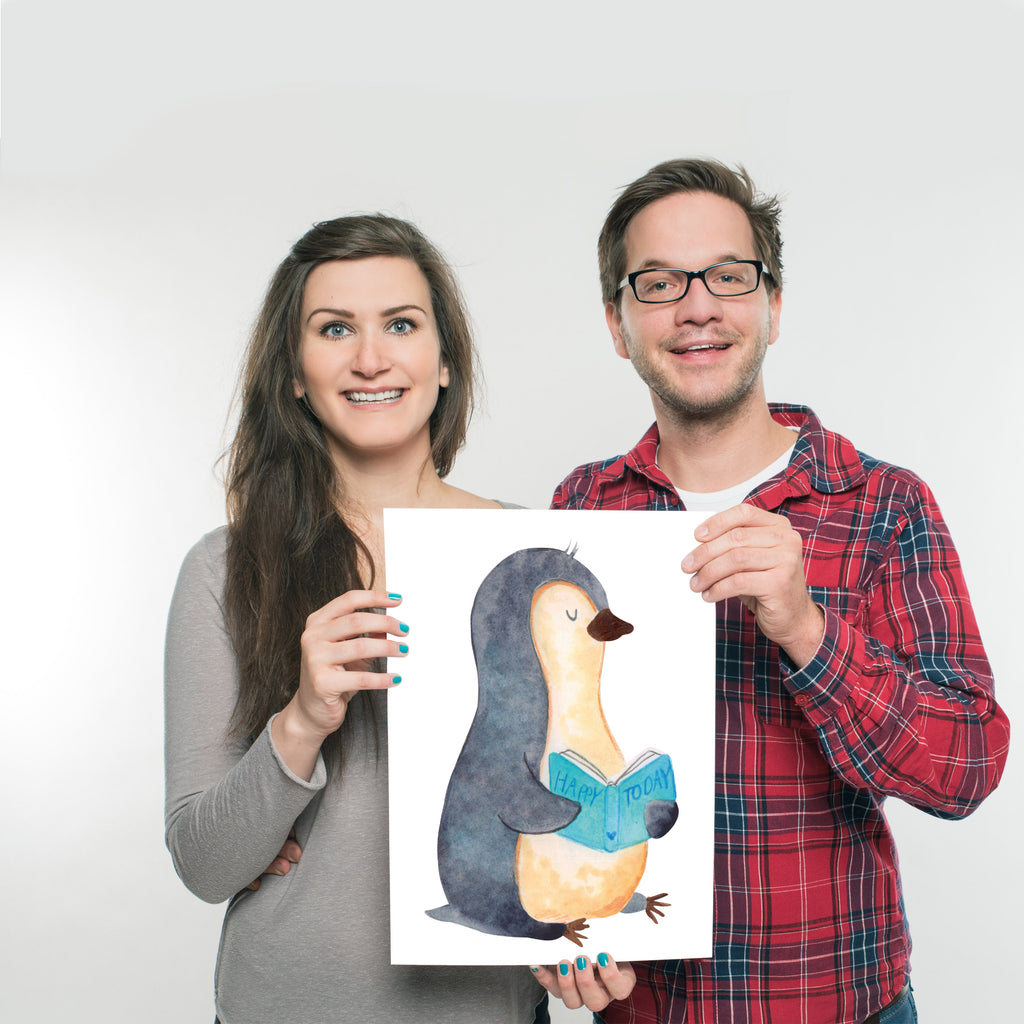 Poster Pinguin Buch Poster, Wandposter, Bild, Wanddeko, Küchenposter, Kinderposter, Wanddeko Bild, Raumdekoration, Wanddekoration, Handgemaltes Poster, Mr. & Mrs. Panda Poster, Designposter, Kunstdruck, Posterdruck, Pinguin, Pinguine, Buch, Lesen, Bücherwurm, Nichtstun, Faulenzen, Ferien, Urlaub, Freizeit