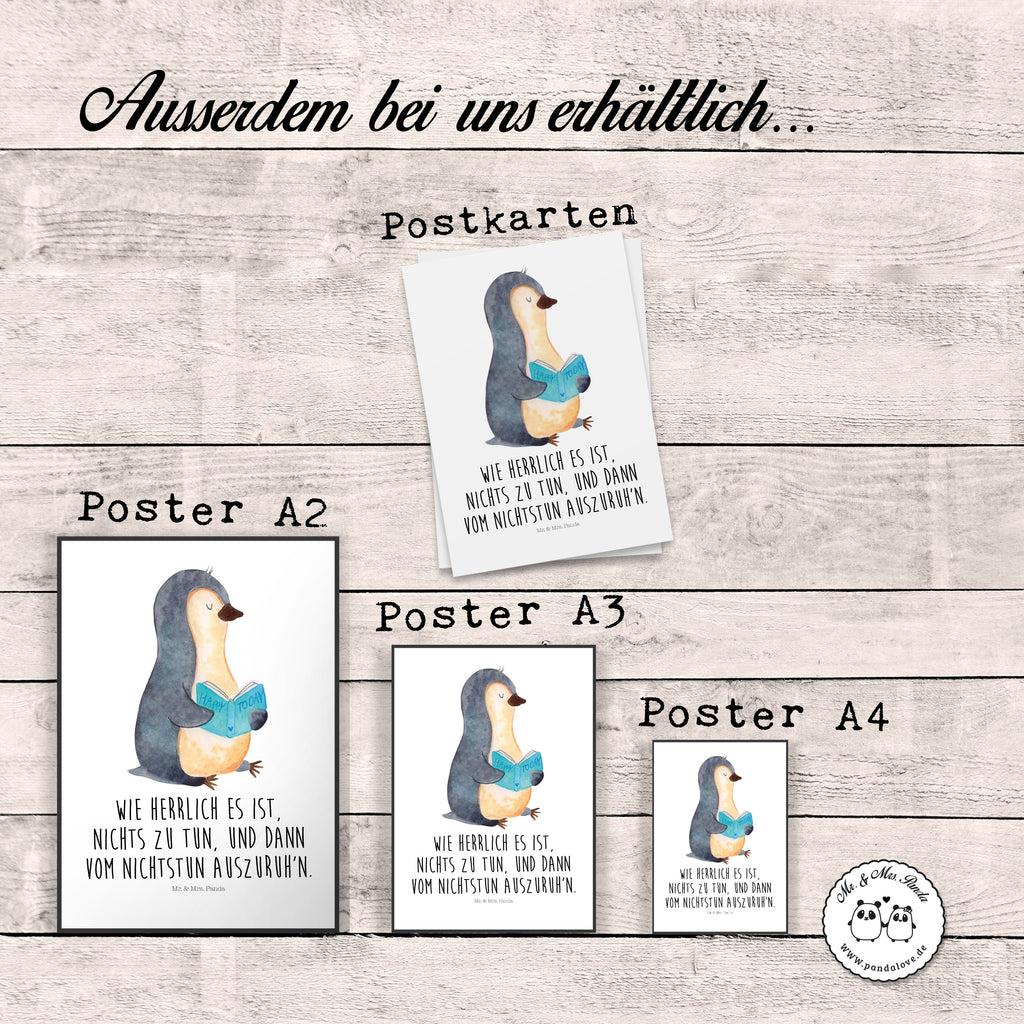Poster Pinguin Buch Poster, Wandposter, Bild, Wanddeko, Küchenposter, Kinderposter, Wanddeko Bild, Raumdekoration, Wanddekoration, Handgemaltes Poster, Mr. & Mrs. Panda Poster, Designposter, Kunstdruck, Posterdruck, Pinguin, Pinguine, Buch, Lesen, Bücherwurm, Nichtstun, Faulenzen, Ferien, Urlaub, Freizeit