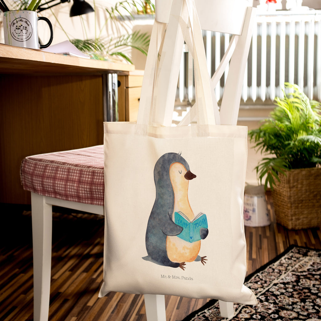 Tragetasche Pinguin Buch Beuteltasche, Beutel, Einkaufstasche, Jutebeutel, Stoffbeutel, Pinguin, Pinguine, Buch, Lesen, Bücherwurm, Nichtstun, Faulenzen, Ferien, Urlaub, Freizeit