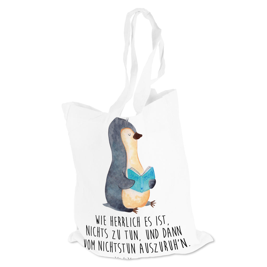 Tragetasche Pinguin Buch Beuteltasche, Beutel, Einkaufstasche, Jutebeutel, Stoffbeutel, Pinguin, Pinguine, Buch, Lesen, Bücherwurm, Nichtstun, Faulenzen, Ferien, Urlaub, Freizeit