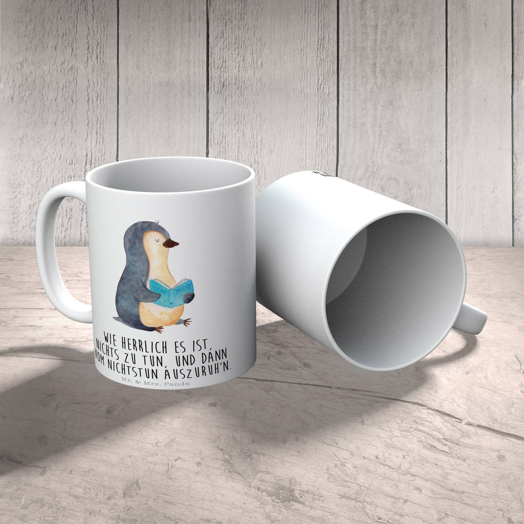Tasse Pinguin Buch Pinguin, Pinguine, Buch, Lesen, Bücherwurm, Nichtstun, Faulenzen, Ferien, Urlaub, Freizeit,	 Becher, Kaffeetasse, Kaffeebecher, Tee, Frühstück, Büro  Pinguin
