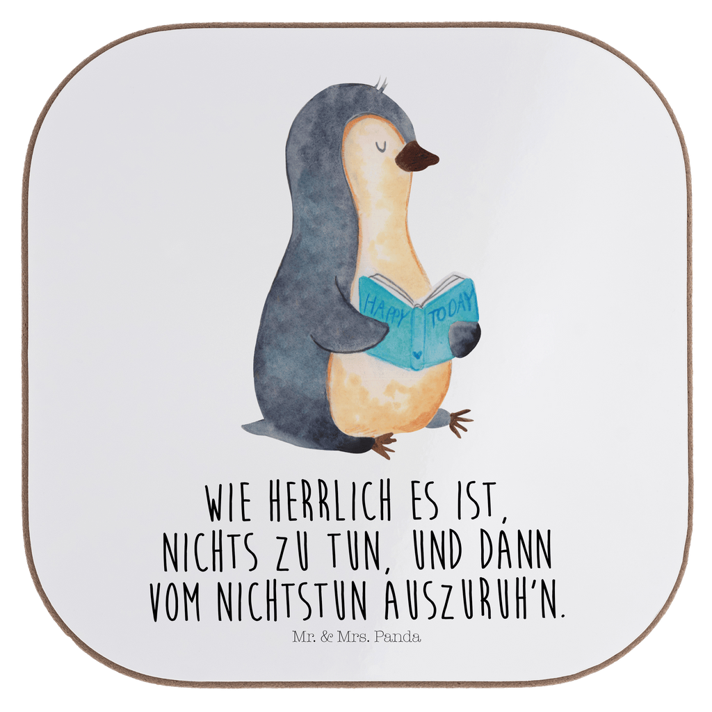 Quadratische Untersetzer Pinguin Buch Bierdeckel, Glasuntersetzer, Untersetzer Gläser, Getränkeuntersetzer, Pinguin, Pinguine, Buch, Lesen, Bücherwurm, Nichtstun, Faulenzen, Ferien, Urlaub, Freizeit