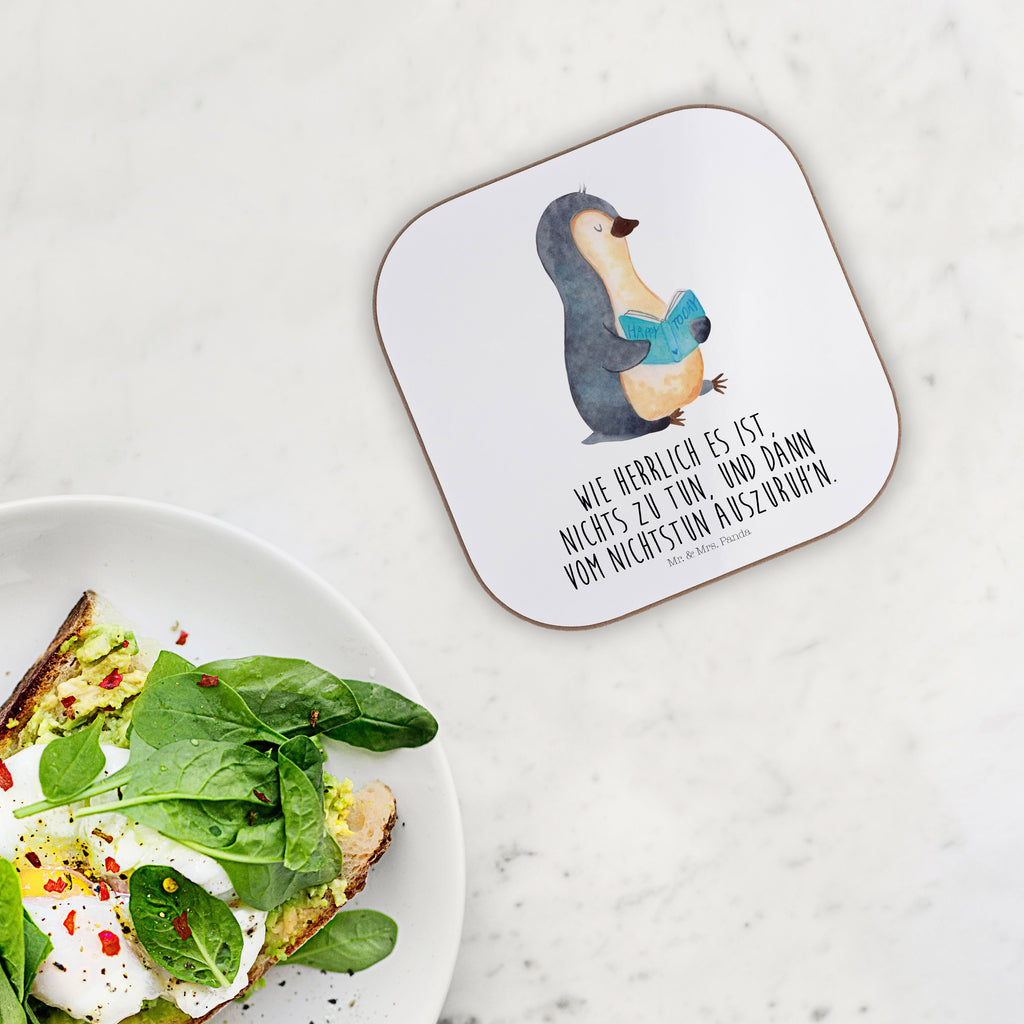Quadratische Untersetzer Pinguin Buch Bierdeckel, Glasuntersetzer, Untersetzer Gläser, Getränkeuntersetzer, Pinguin, Pinguine, Buch, Lesen, Bücherwurm, Nichtstun, Faulenzen, Ferien, Urlaub, Freizeit