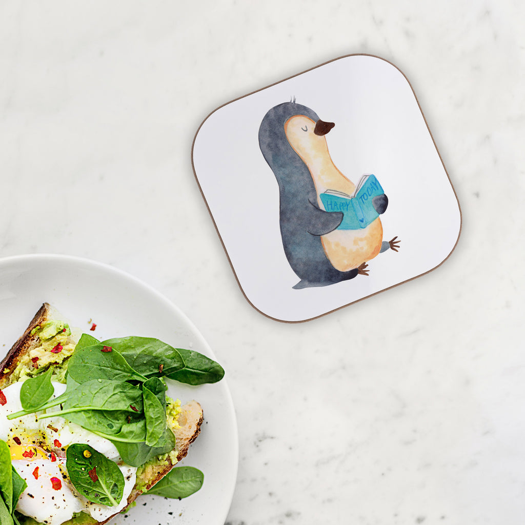 Quadratische Untersetzer Pinguin Buch Bierdeckel, Glasuntersetzer, Untersetzer Gläser, Getränkeuntersetzer, Pinguin, Pinguine, Buch, Lesen, Bücherwurm, Nichtstun, Faulenzen, Ferien, Urlaub, Freizeit