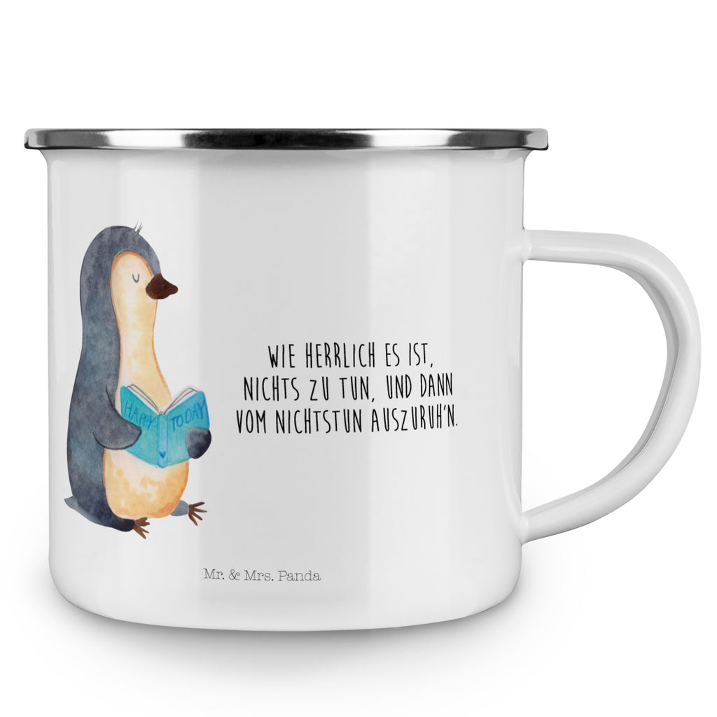 Camping Emaille Tasse Pinguin Buch Campingtasse, Trinkbecher, Metalltasse, Outdoor Tasse, Emaille Trinkbecher, Blechtasse Outdoor, Emaille Campingbecher, Edelstahl Trinkbecher, Metalltasse für Camping, Kaffee Blechtasse, Camping Tasse Metall, Pinguin, Pinguine, Buch, Lesen, Bücherwurm, Nichtstun, Faulenzen, Ferien, Urlaub, Freizeit