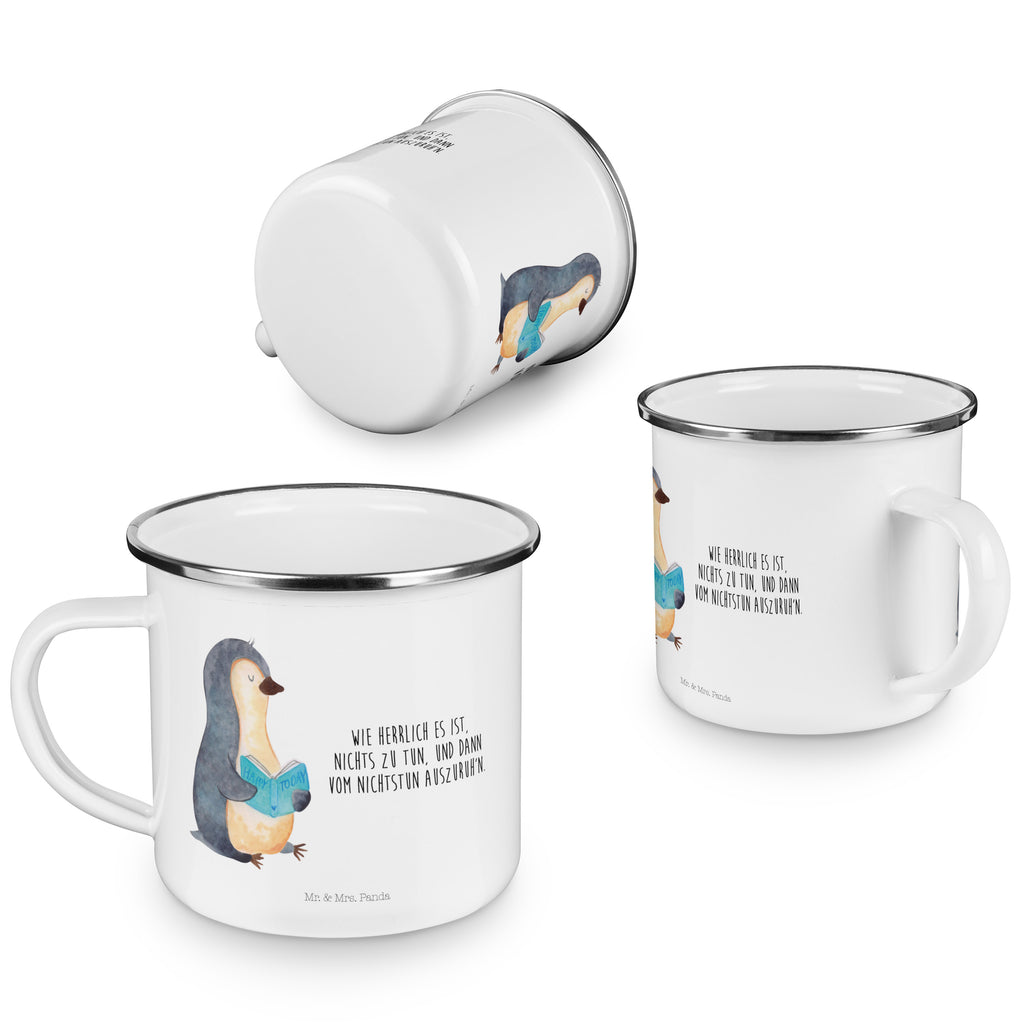 Camping Emaille Tasse Pinguin Buch Campingtasse, Trinkbecher, Metalltasse, Outdoor Tasse, Emaille Trinkbecher, Blechtasse Outdoor, Emaille Campingbecher, Edelstahl Trinkbecher, Metalltasse für Camping, Kaffee Blechtasse, Camping Tasse Metall, Pinguin, Pinguine, Buch, Lesen, Bücherwurm, Nichtstun, Faulenzen, Ferien, Urlaub, Freizeit