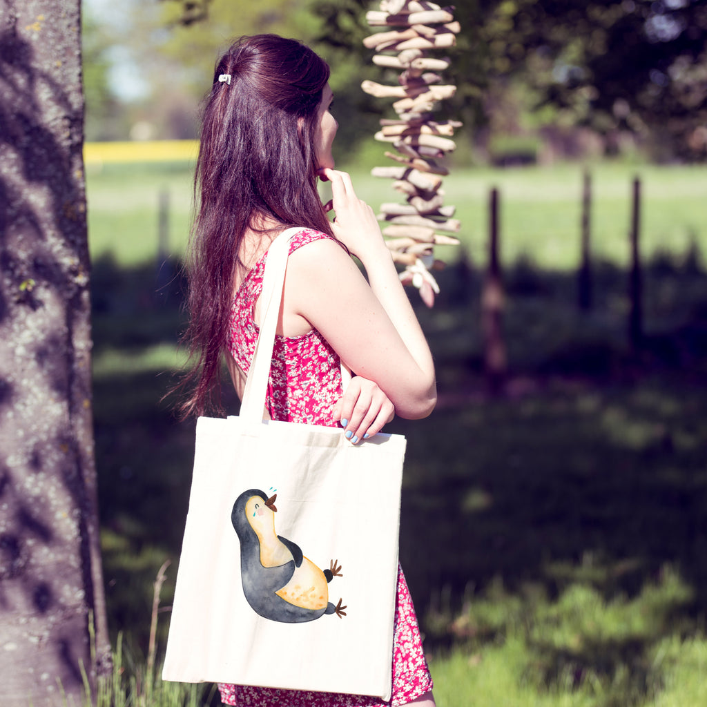Tragetasche Pinguin lachend Beuteltasche, Beutel, Einkaufstasche, Jutebeutel, Stoffbeutel, Pinguin, Pinguine, lustiger Spruch, Optimismus, Fröhlich, Lachen, Humor, Fröhlichkeit