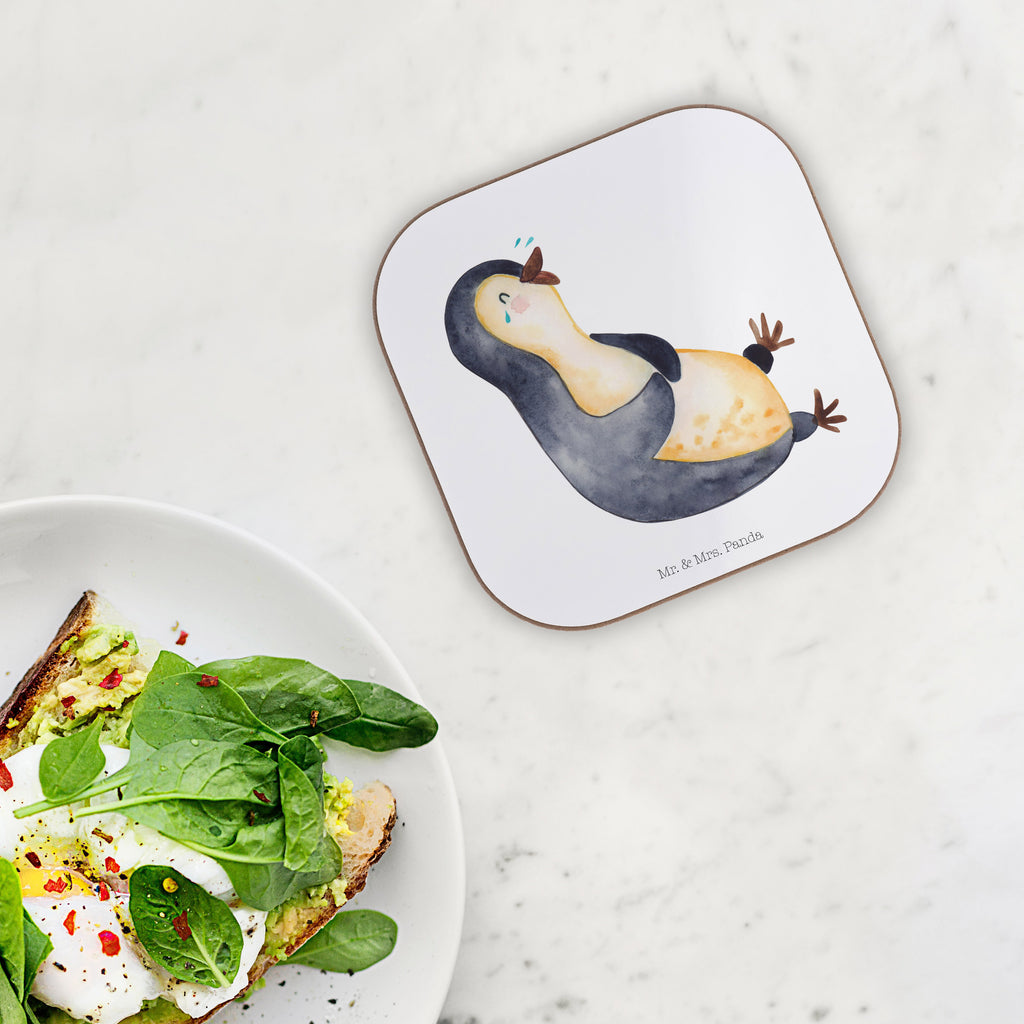 Quadratische Untersetzer Pinguin lachend Bierdeckel, Glasuntersetzer, Untersetzer Gläser, Getränkeuntersetzer, Pinguin, Pinguine, lustiger Spruch, Optimismus, Fröhlich, Lachen, Humor, Fröhlichkeit