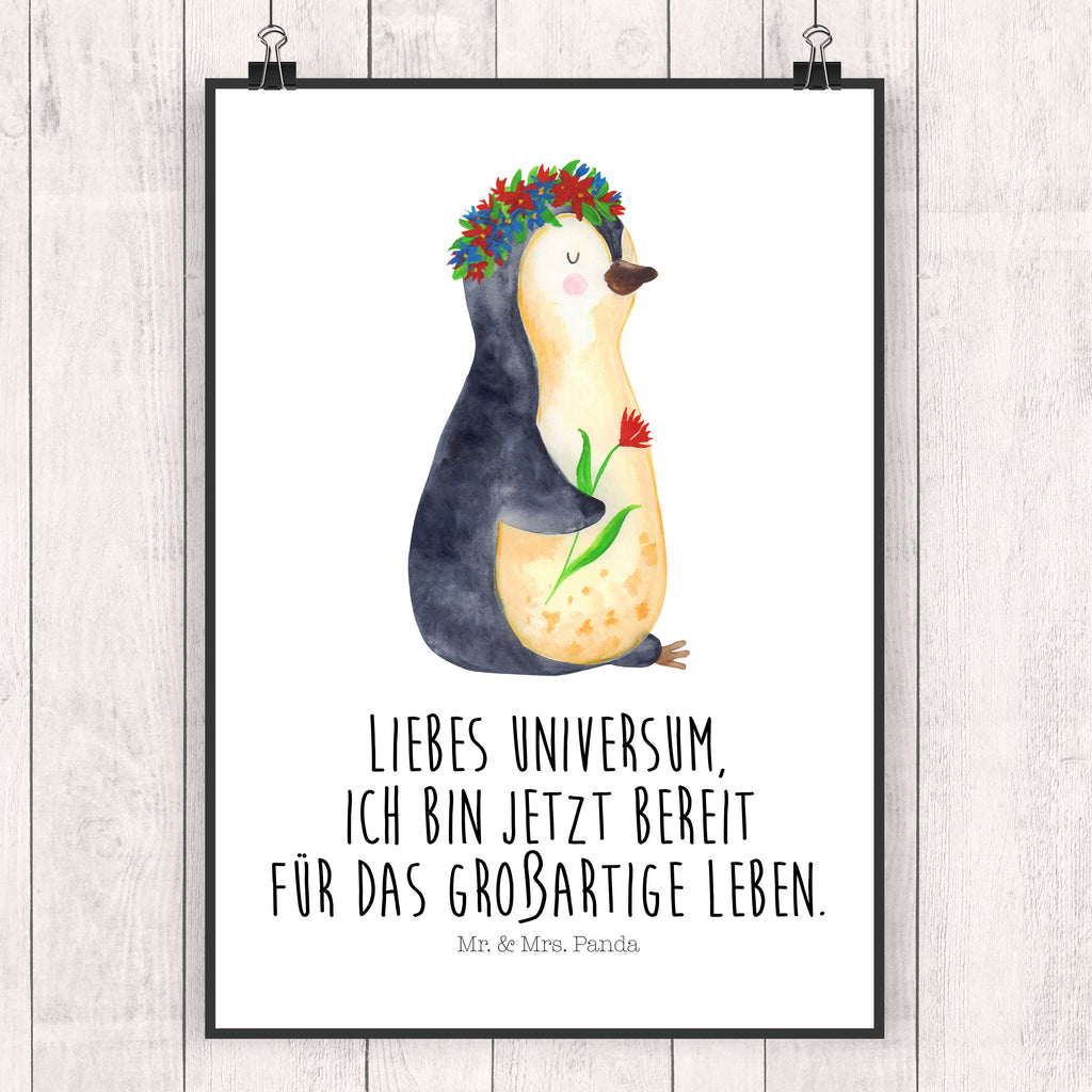 Poster Pinguin Blumenkranz Poster, Wandposter, Bild, Wanddeko, Küchenposter, Kinderposter, Wanddeko Bild, Raumdekoration, Wanddekoration, Handgemaltes Poster, Mr. & Mrs. Panda Poster, Designposter, Kunstdruck, Posterdruck, Pinguin, Pinguine, Blumenkranz, Universum, Leben, Wünsche, Ziele, Lebensziele, Motivation, Lebenslust, Liebeskummer, Geschenkidee