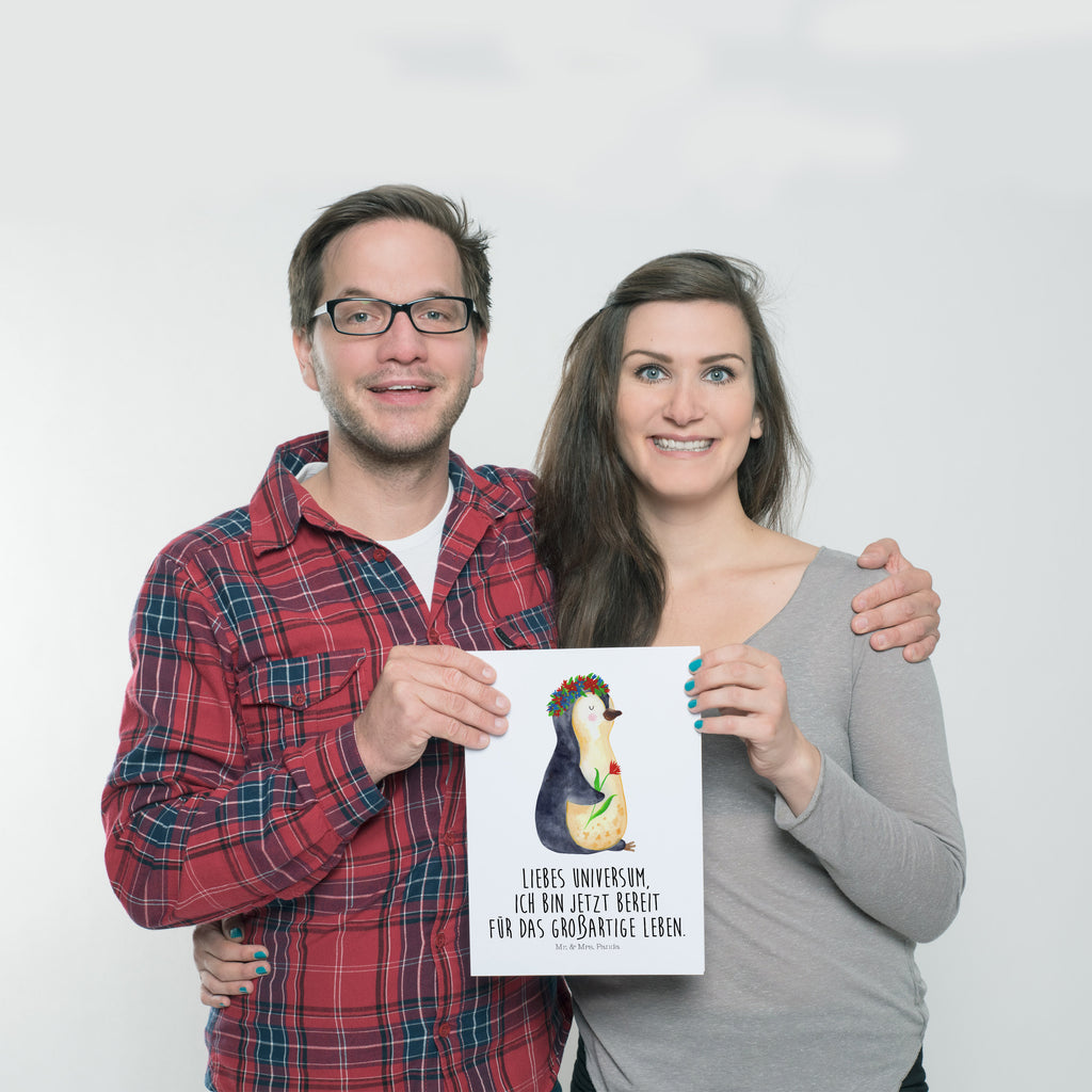 Poster Pinguin Blumenkranz Poster, Wandposter, Bild, Wanddeko, Küchenposter, Kinderposter, Wanddeko Bild, Raumdekoration, Wanddekoration, Handgemaltes Poster, Mr. & Mrs. Panda Poster, Designposter, Kunstdruck, Posterdruck, Pinguin, Pinguine, Blumenkranz, Universum, Leben, Wünsche, Ziele, Lebensziele, Motivation, Lebenslust, Liebeskummer, Geschenkidee