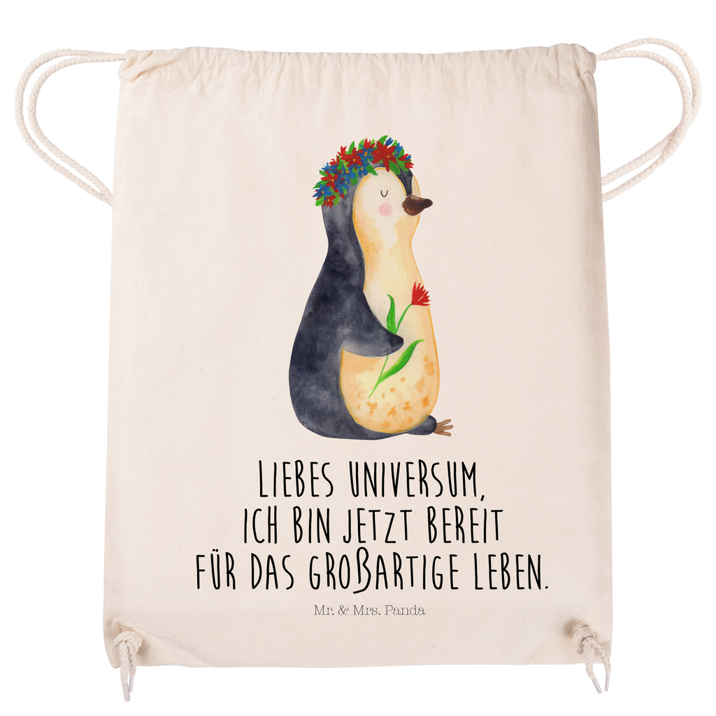 Sportbeutel Pinguin Blumenkranz Turnbeutel, Beutel, Sporttasche, Tasche, Stoffbeutel, Pinguin, Pinguine, Blumenkranz, Universum, Leben, Wünsche, Ziele, Lebensziele, Motivation, Lebenslust, Liebeskummer, Geschenkidee