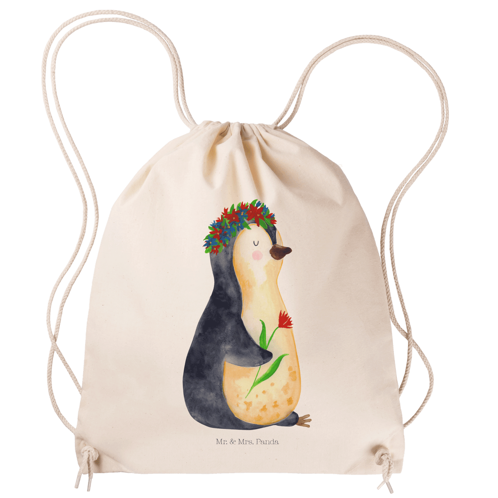 Sportbeutel Pinguin Blumenkranz Turnbeutel, Beutel, Sporttasche, Tasche, Stoffbeutel, Pinguin, Pinguine, Blumenkranz, Universum, Leben, Wünsche, Ziele, Lebensziele, Motivation, Lebenslust, Liebeskummer, Geschenkidee