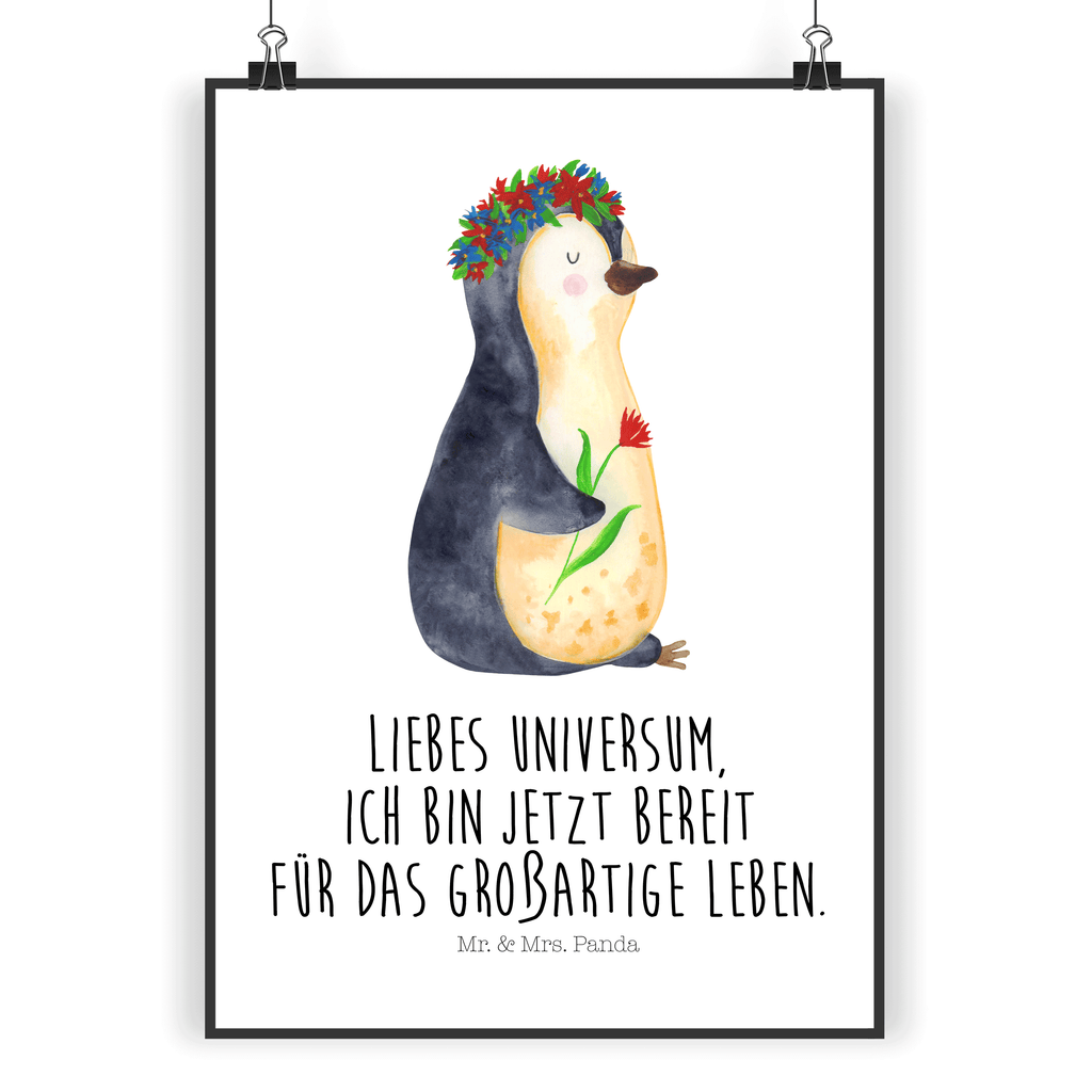 Poster Pinguin Blumenkranz Poster, Wandposter, Bild, Wanddeko, Küchenposter, Kinderposter, Wanddeko Bild, Raumdekoration, Wanddekoration, Handgemaltes Poster, Mr. & Mrs. Panda Poster, Designposter, Kunstdruck, Posterdruck, Pinguin, Pinguine, Blumenkranz, Universum, Leben, Wünsche, Ziele, Lebensziele, Motivation, Lebenslust, Liebeskummer, Geschenkidee