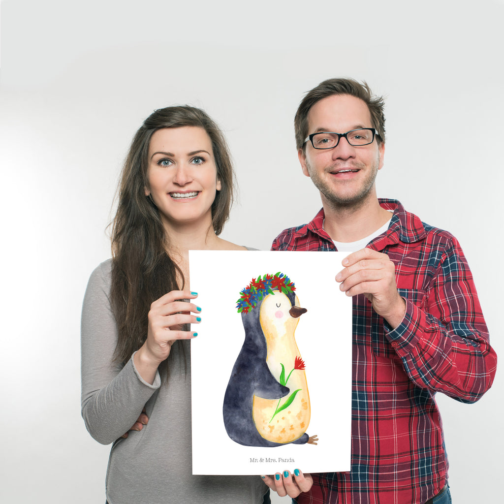Poster Pinguin Blumenkranz Poster, Wandposter, Bild, Wanddeko, Küchenposter, Kinderposter, Wanddeko Bild, Raumdekoration, Wanddekoration, Handgemaltes Poster, Mr. & Mrs. Panda Poster, Designposter, Kunstdruck, Posterdruck, Pinguin, Pinguine, Blumenkranz, Universum, Leben, Wünsche, Ziele, Lebensziele, Motivation, Lebenslust, Liebeskummer, Geschenkidee