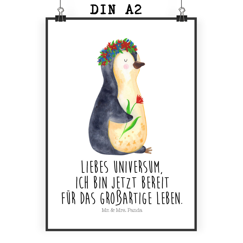 Poster Pinguin Blumenkranz Poster, Wandposter, Bild, Wanddeko, Küchenposter, Kinderposter, Wanddeko Bild, Raumdekoration, Wanddekoration, Handgemaltes Poster, Mr. & Mrs. Panda Poster, Designposter, Kunstdruck, Posterdruck, Pinguin, Pinguine, Blumenkranz, Universum, Leben, Wünsche, Ziele, Lebensziele, Motivation, Lebenslust, Liebeskummer, Geschenkidee