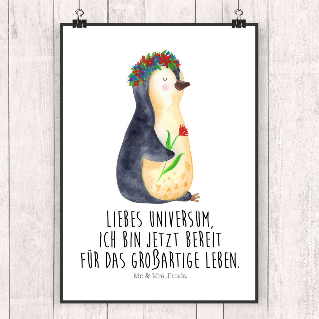 Poster Pinguin Blumenkranz Poster, Wandposter, Bild, Wanddeko, Küchenposter, Kinderposter, Wanddeko Bild, Raumdekoration, Wanddekoration, Handgemaltes Poster, Mr. & Mrs. Panda Poster, Designposter, Kunstdruck, Posterdruck, Pinguin, Pinguine, Blumenkranz, Universum, Leben, Wünsche, Ziele, Lebensziele, Motivation, Lebenslust, Liebeskummer, Geschenkidee
