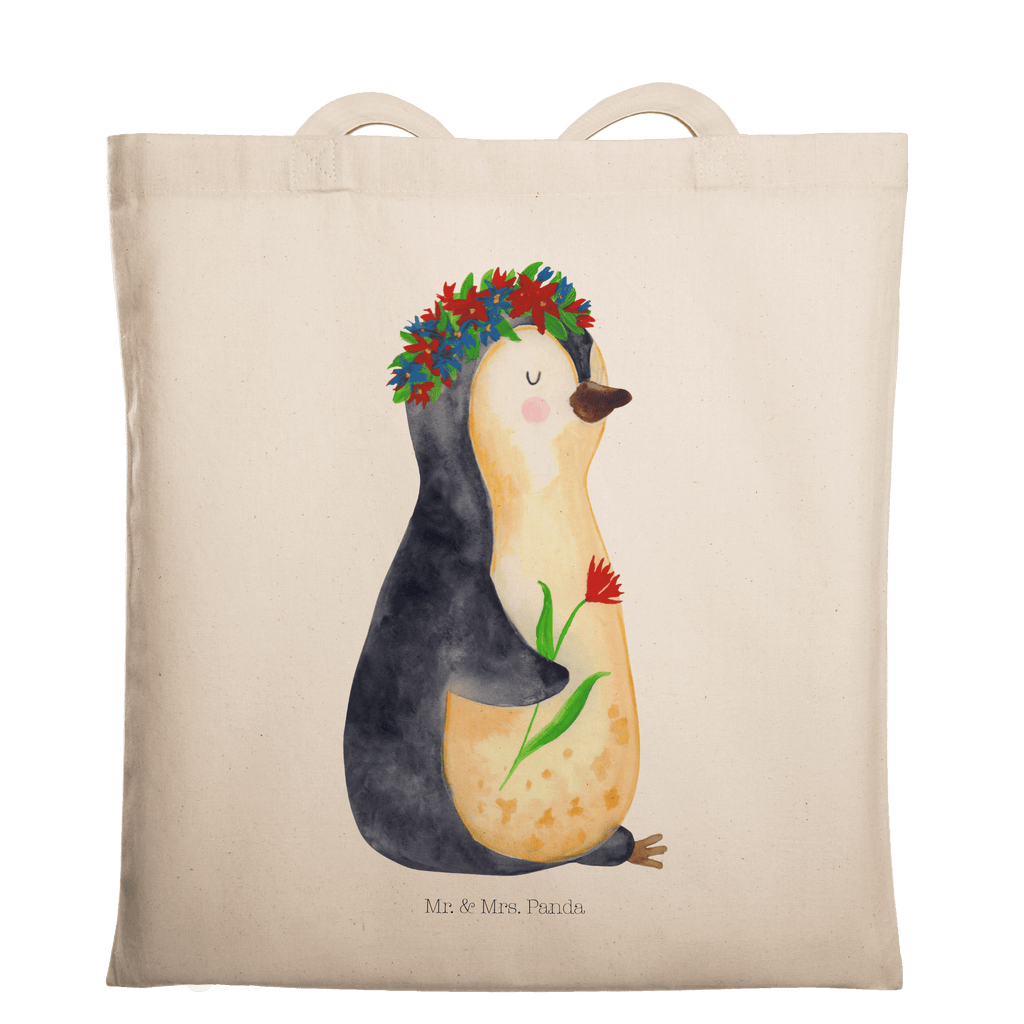 Tragetasche Pinguin Blumenkranz Beuteltasche, Beutel, Einkaufstasche, Jutebeutel, Stoffbeutel, Pinguin, Pinguine, Blumenkranz, Universum, Leben, Wünsche, Ziele, Lebensziele, Motivation, Lebenslust, Liebeskummer, Geschenkidee