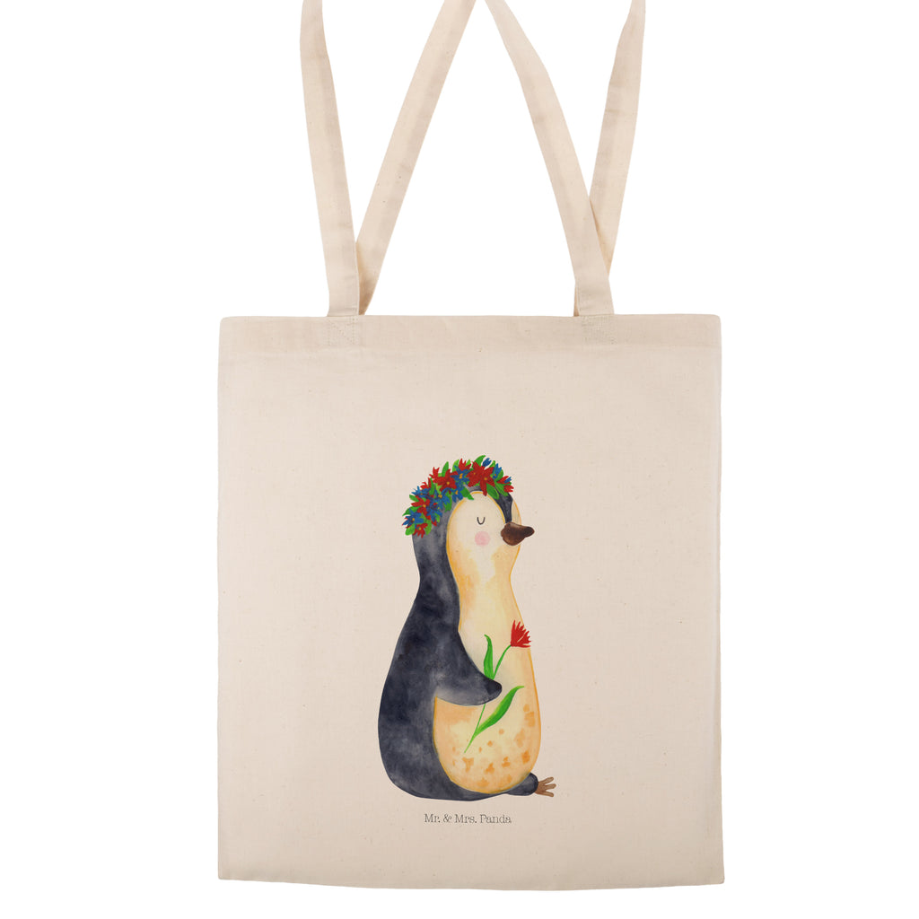 Tragetasche Pinguin Blumenkranz Beuteltasche, Beutel, Einkaufstasche, Jutebeutel, Stoffbeutel, Pinguin, Pinguine, Blumenkranz, Universum, Leben, Wünsche, Ziele, Lebensziele, Motivation, Lebenslust, Liebeskummer, Geschenkidee