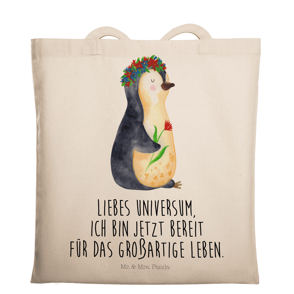 Tragetasche Pinguin Blumenkranz Beuteltasche, Beutel, Einkaufstasche, Jutebeutel, Stoffbeutel, Pinguin, Pinguine, Blumenkranz, Universum, Leben, Wünsche, Ziele, Lebensziele, Motivation, Lebenslust, Liebeskummer, Geschenkidee