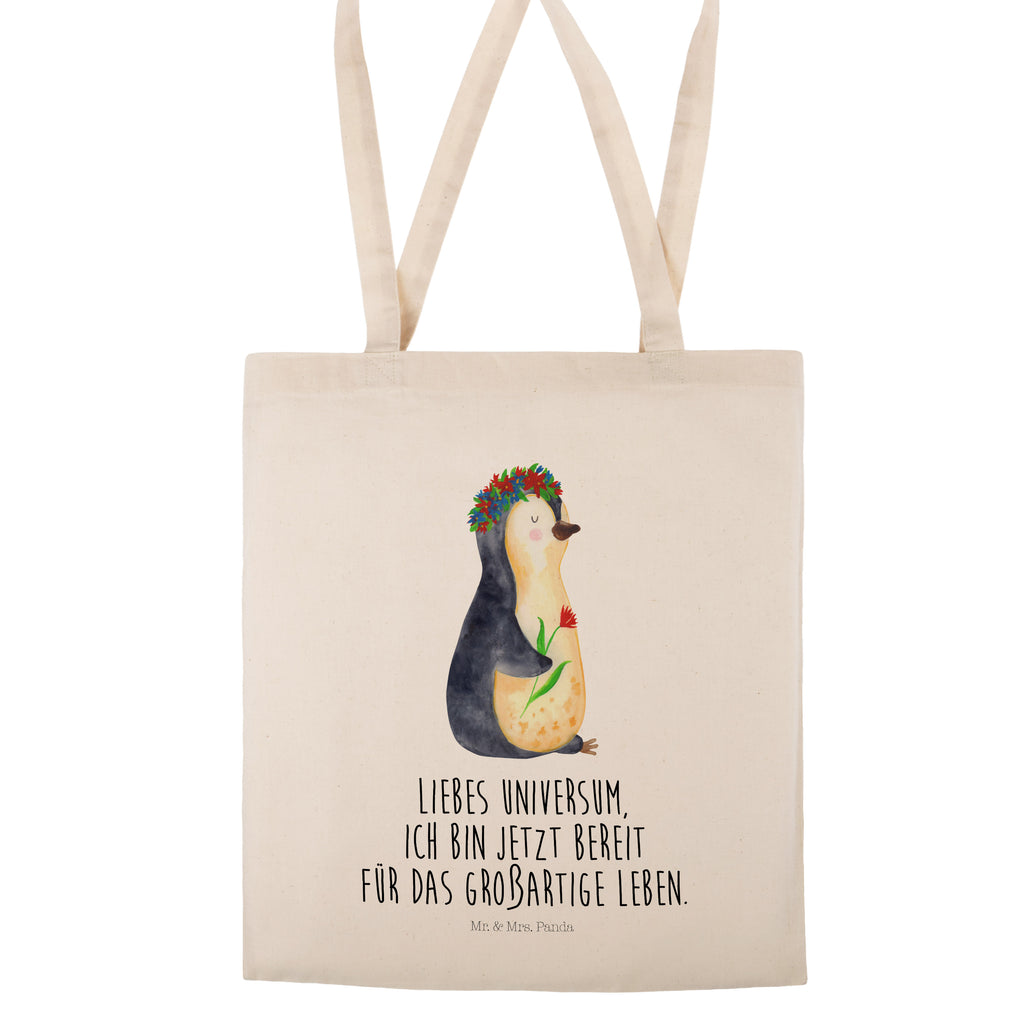 Tragetasche Pinguin Blumenkranz Beuteltasche, Beutel, Einkaufstasche, Jutebeutel, Stoffbeutel, Pinguin, Pinguine, Blumenkranz, Universum, Leben, Wünsche, Ziele, Lebensziele, Motivation, Lebenslust, Liebeskummer, Geschenkidee