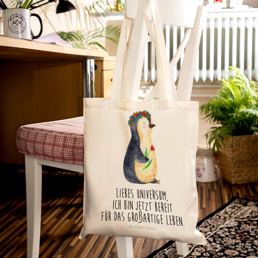Tragetasche Pinguin Blumenkranz Beuteltasche, Beutel, Einkaufstasche, Jutebeutel, Stoffbeutel, Pinguin, Pinguine, Blumenkranz, Universum, Leben, Wünsche, Ziele, Lebensziele, Motivation, Lebenslust, Liebeskummer, Geschenkidee