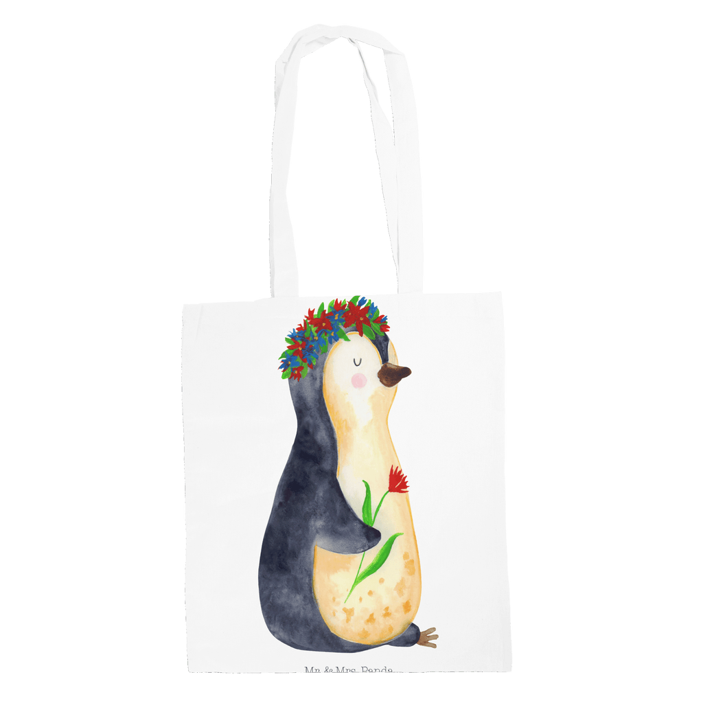 Tragetasche Pinguin Blumenkranz Beuteltasche, Beutel, Einkaufstasche, Jutebeutel, Stoffbeutel, Pinguin, Pinguine, Blumenkranz, Universum, Leben, Wünsche, Ziele, Lebensziele, Motivation, Lebenslust, Liebeskummer, Geschenkidee