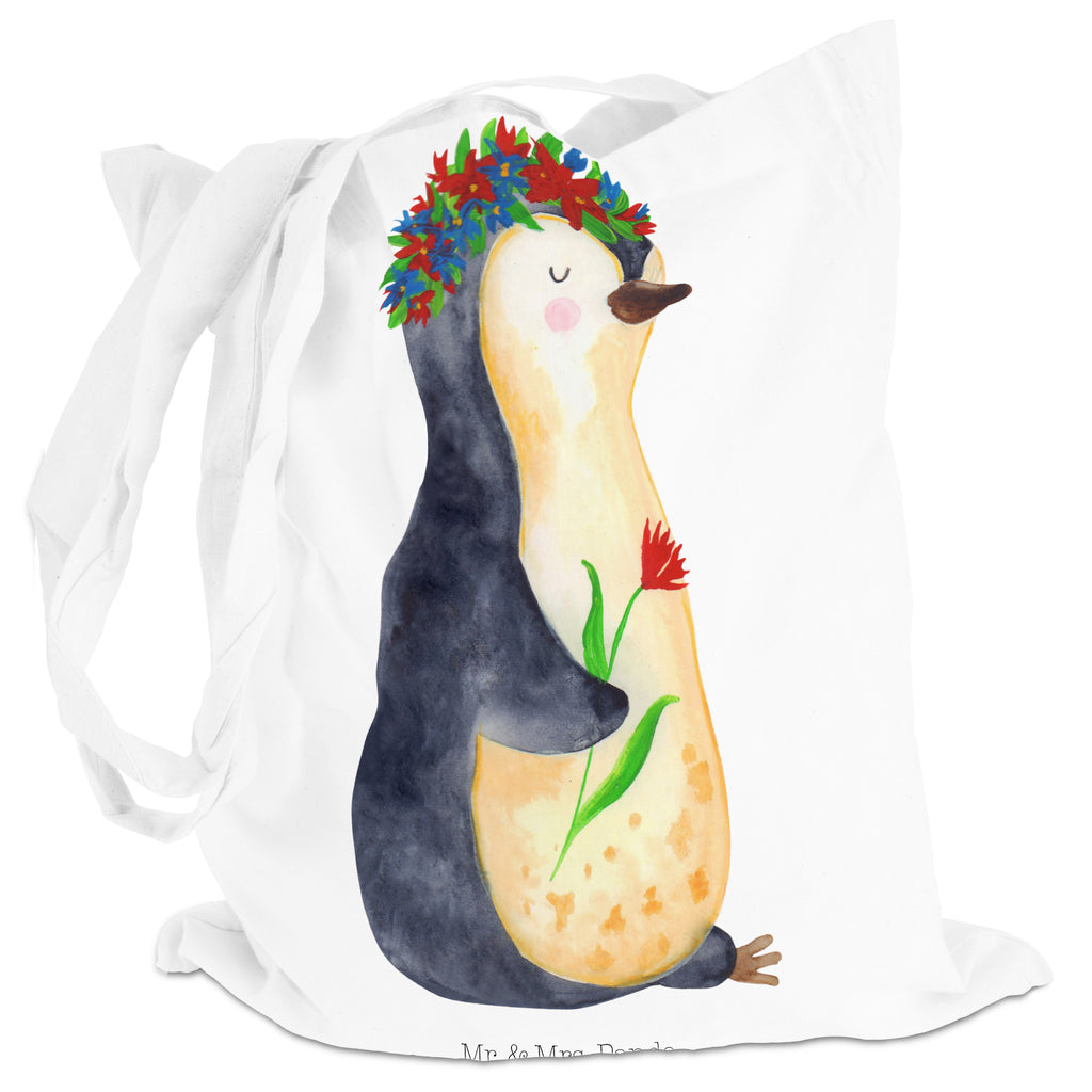 Tragetasche Pinguin Blumenkranz Beuteltasche, Beutel, Einkaufstasche, Jutebeutel, Stoffbeutel, Pinguin, Pinguine, Blumenkranz, Universum, Leben, Wünsche, Ziele, Lebensziele, Motivation, Lebenslust, Liebeskummer, Geschenkidee