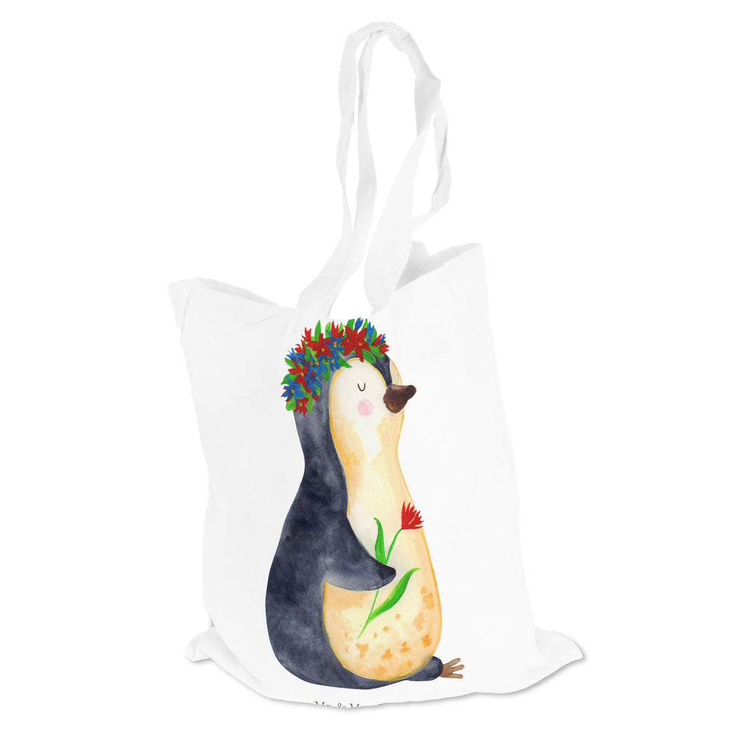 Tragetasche Pinguin Blumenkranz Beuteltasche, Beutel, Einkaufstasche, Jutebeutel, Stoffbeutel, Pinguin, Pinguine, Blumenkranz, Universum, Leben, Wünsche, Ziele, Lebensziele, Motivation, Lebenslust, Liebeskummer, Geschenkidee