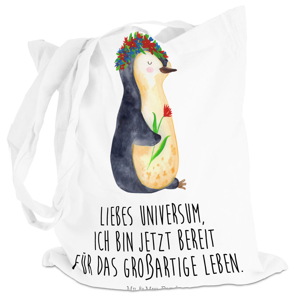 Tragetasche Pinguin Blumenkranz Beuteltasche, Beutel, Einkaufstasche, Jutebeutel, Stoffbeutel, Pinguin, Pinguine, Blumenkranz, Universum, Leben, Wünsche, Ziele, Lebensziele, Motivation, Lebenslust, Liebeskummer, Geschenkidee