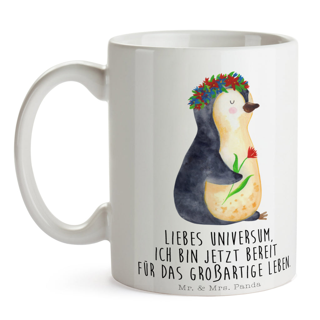 Tasse Pinguin Blumenkranz Pinguin, Pinguine, Blumenkranz, Universum, Leben, Wünsche, Ziele, Lebensziele, Motivation, Lebenslust, Liebeskummer, Geschenkidee	 Becher, Kaffeetasse, Kaffeebecher, Tee, Frühstück, Büro  Pinguin
