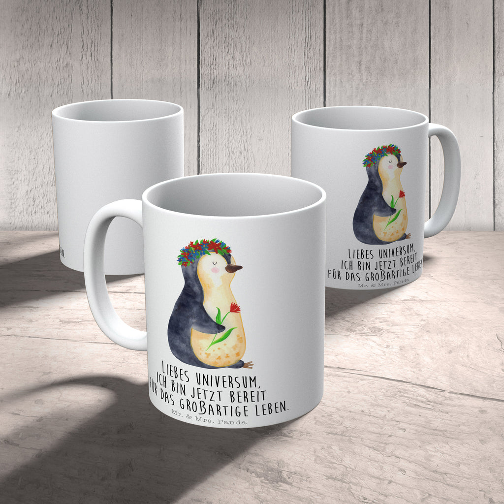 Tasse Pinguin Blumenkranz Pinguin, Pinguine, Blumenkranz, Universum, Leben, Wünsche, Ziele, Lebensziele, Motivation, Lebenslust, Liebeskummer, Geschenkidee	 Becher, Kaffeetasse, Kaffeebecher, Tee, Frühstück, Büro  Pinguin