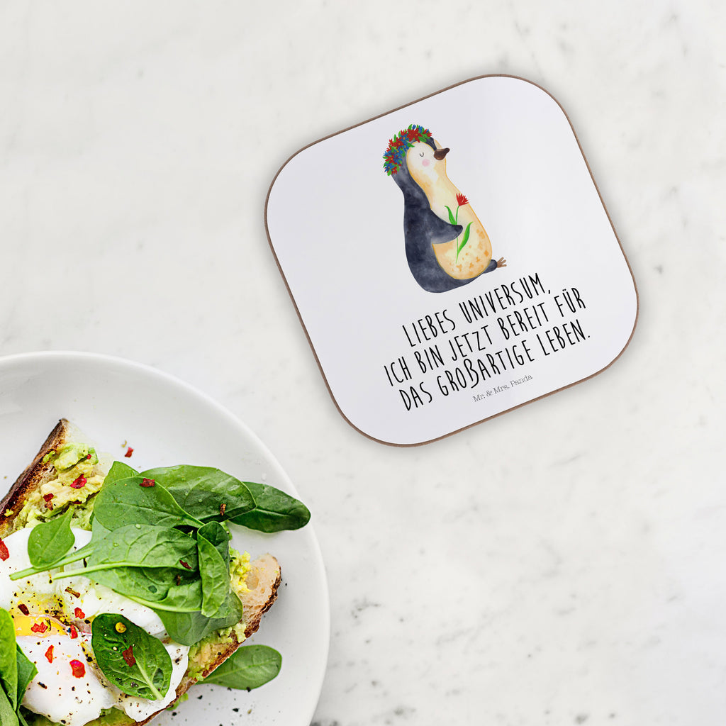 Quadratische Untersetzer Pinguin Blumenkranz Bierdeckel, Glasuntersetzer, Untersetzer Gläser, Getränkeuntersetzer, Pinguin, Pinguine, Blumenkranz, Universum, Leben, Wünsche, Ziele, Lebensziele, Motivation, Lebenslust, Liebeskummer, Geschenkidee