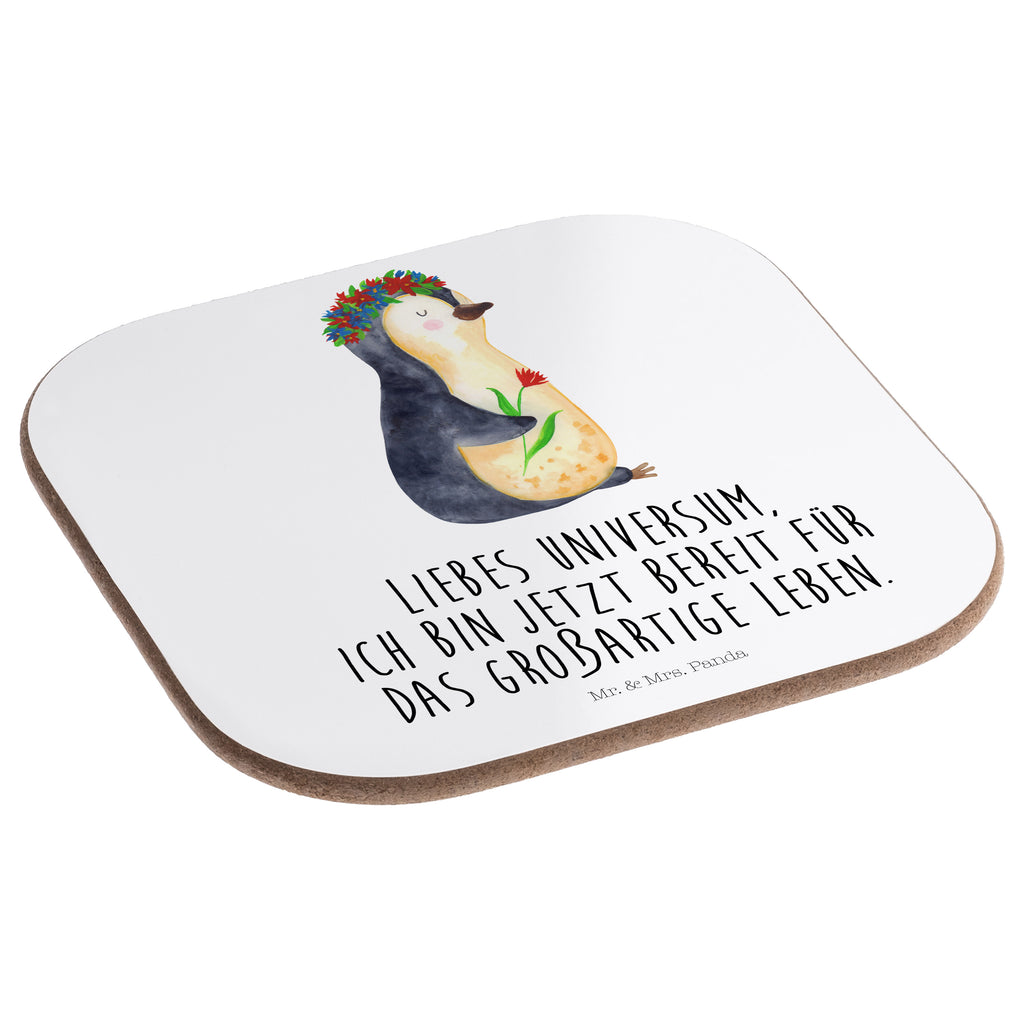 Quadratische Untersetzer Pinguin Blumenkranz Bierdeckel, Glasuntersetzer, Untersetzer Gläser, Getränkeuntersetzer, Pinguin, Pinguine, Blumenkranz, Universum, Leben, Wünsche, Ziele, Lebensziele, Motivation, Lebenslust, Liebeskummer, Geschenkidee