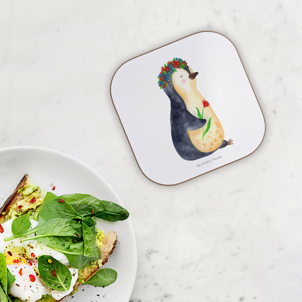 Quadratische Untersetzer Pinguin Blumenkranz Bierdeckel, Glasuntersetzer, Untersetzer Gläser, Getränkeuntersetzer, Pinguin, Pinguine, Blumenkranz, Universum, Leben, Wünsche, Ziele, Lebensziele, Motivation, Lebenslust, Liebeskummer, Geschenkidee