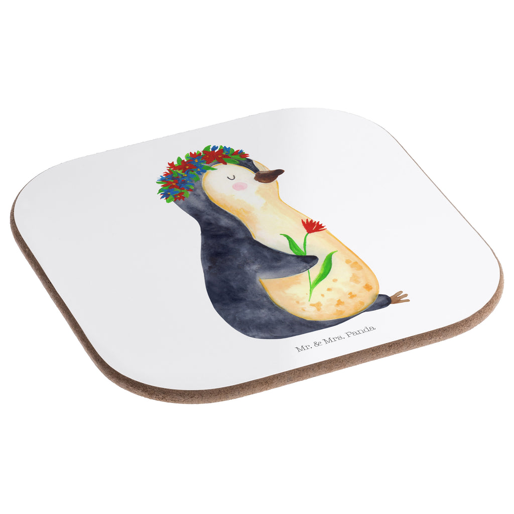 Quadratische Untersetzer Pinguin Blumenkranz Bierdeckel, Glasuntersetzer, Untersetzer Gläser, Getränkeuntersetzer, Pinguin, Pinguine, Blumenkranz, Universum, Leben, Wünsche, Ziele, Lebensziele, Motivation, Lebenslust, Liebeskummer, Geschenkidee