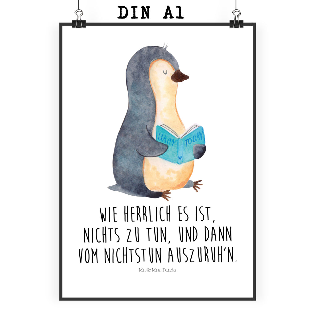 Poster Pinguin Buch Poster, Wandposter, Bild, Wanddeko, Küchenposter, Kinderposter, Wanddeko Bild, Raumdekoration, Wanddekoration, Handgemaltes Poster, Mr. & Mrs. Panda Poster, Designposter, Kunstdruck, Posterdruck, Pinguin, Pinguine, Buch, Lesen, Bücherwurm, Nichtstun, Faulenzen, Ferien, Urlaub, Freizeit