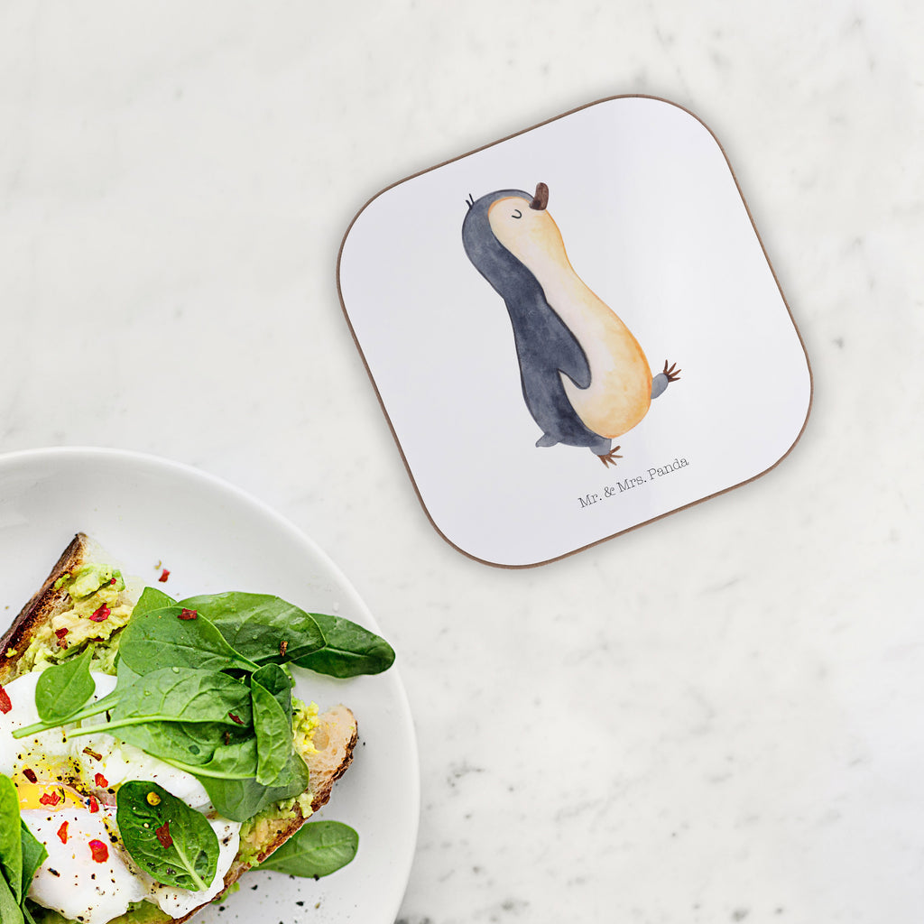 Quadratische Untersetzer Pinguin marschierend Bierdeckel, Glasuntersetzer, Untersetzer Gläser, Getränkeuntersetzer, Pinguin, Pinguine, Frühaufsteher, Langschläfer, Bruder, Schwester, Familie