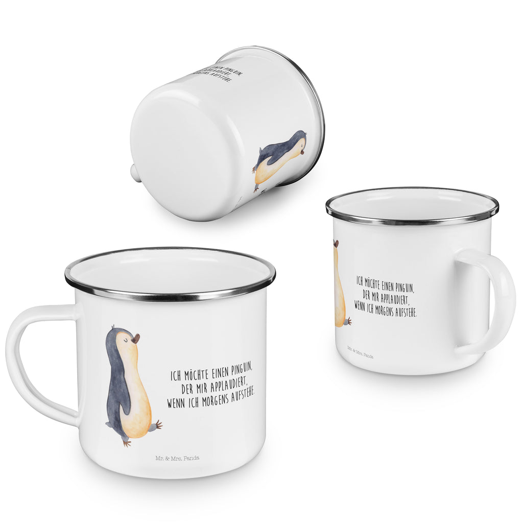 Camping Emaille Tasse Pinguin marschierend Campingtasse, Trinkbecher, Metalltasse, Outdoor Tasse, Emaille Trinkbecher, Blechtasse Outdoor, Emaille Campingbecher, Edelstahl Trinkbecher, Metalltasse für Camping, Kaffee Blechtasse, Camping Tasse Metall, Pinguin, Pinguine, Frühaufsteher, Langschläfer, Bruder, Schwester, Familie