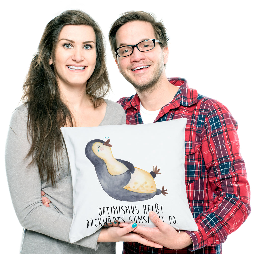 40x40 Kissen Pinguin lachend Kissenhülle, Kopfkissen, Sofakissen, Dekokissen, Motivkissen, Pinguin, Pinguine, lustiger Spruch, Optimismus, Fröhlich, Lachen, Humor, Fröhlichkeit
