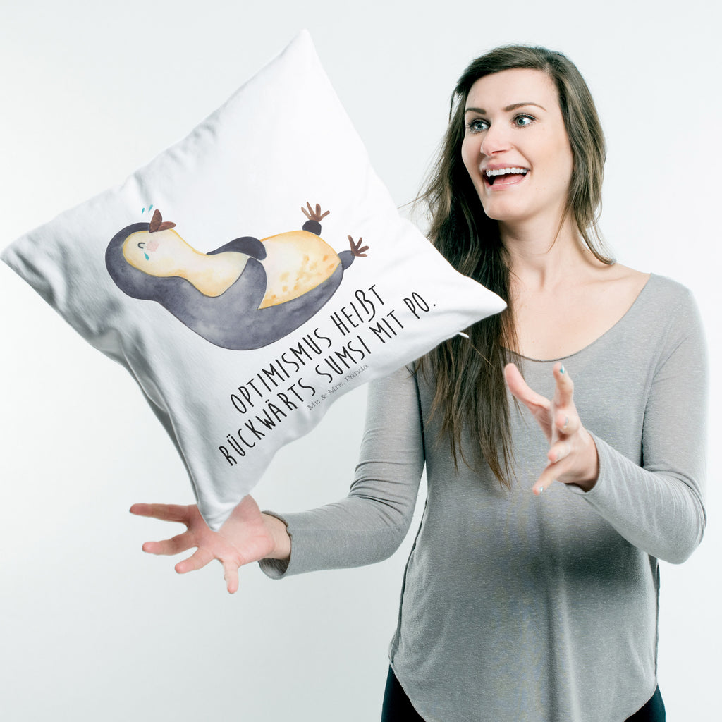 40x40 Kissen Pinguin lachend Kissenhülle, Kopfkissen, Sofakissen, Dekokissen, Motivkissen, Pinguin, Pinguine, lustiger Spruch, Optimismus, Fröhlich, Lachen, Humor, Fröhlichkeit