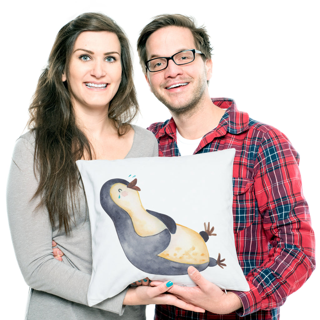 40x40 Kissen Pinguin lachend Kissenhülle, Kopfkissen, Sofakissen, Dekokissen, Motivkissen, Pinguin, Pinguine, lustiger Spruch, Optimismus, Fröhlich, Lachen, Humor, Fröhlichkeit